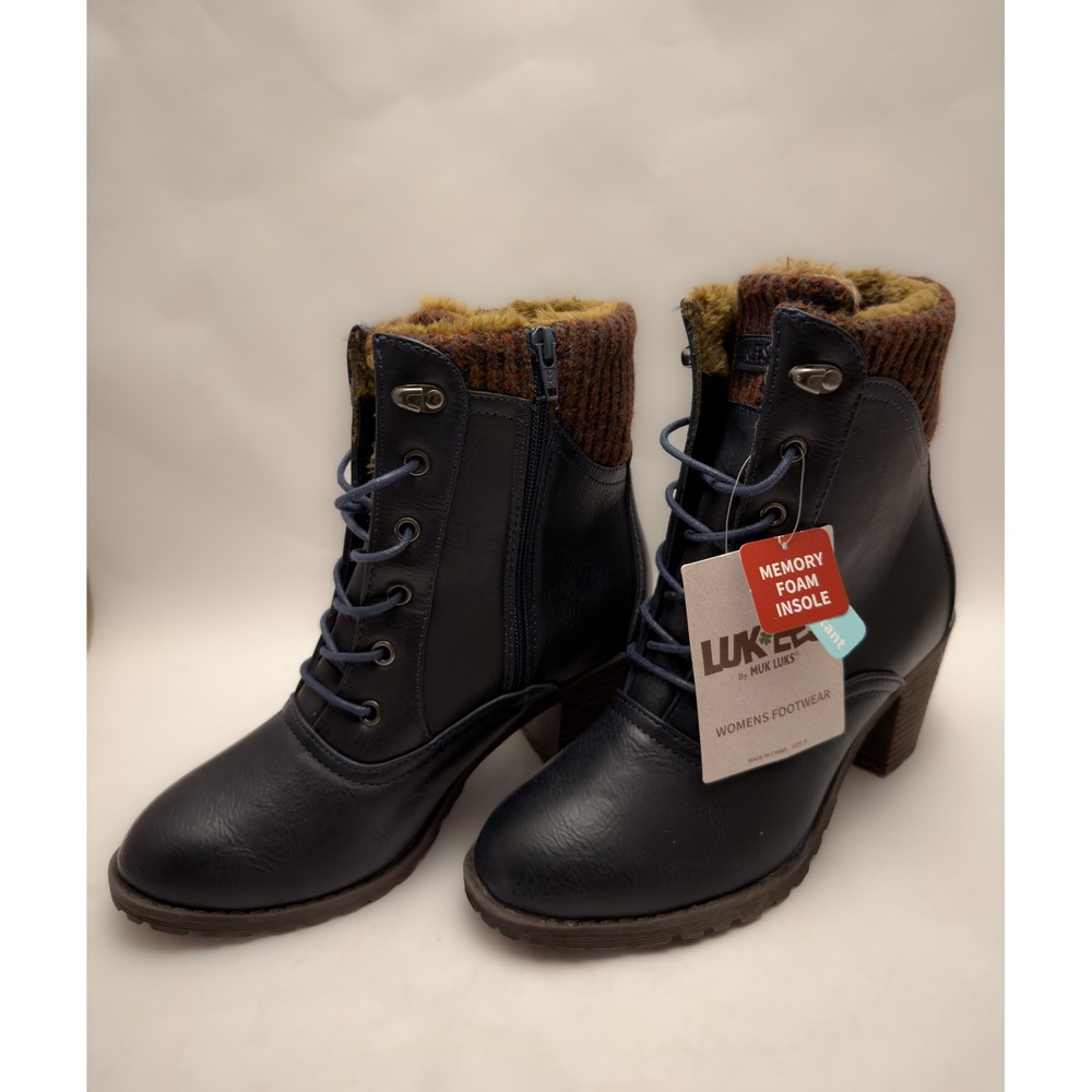 LUKEE by MUK LUKS Womens sz9 Navy Blue Knit Cuff Lace Up Ankle Boots Memory Foam
